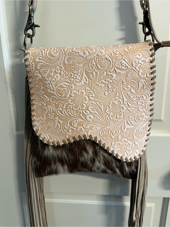Myra Bag Handbags - Myra Bag Pink Embossed Floral Leather & Brown Fur Crossbody with Fringe